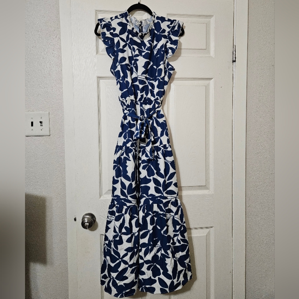 Print Ruffle Trim Belted Dress - Size 8/10 (L)